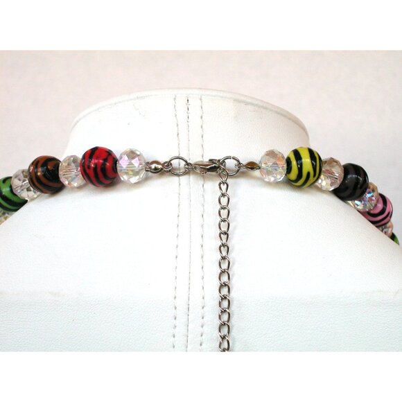 Colorful Chunky Bead Necklace With Rhinestone & Zebra Stripe Beads Adjustable 20 - Picture 3 of 3